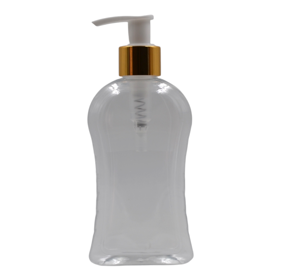 250ml Clear Curve Packaging Bottle/White & Gold Lotion Pump