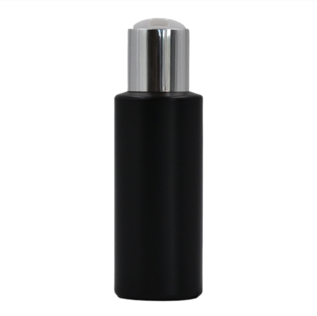 100ml HDPE Flat shoulder black bottle (24mm neck)-White & chrome disc top