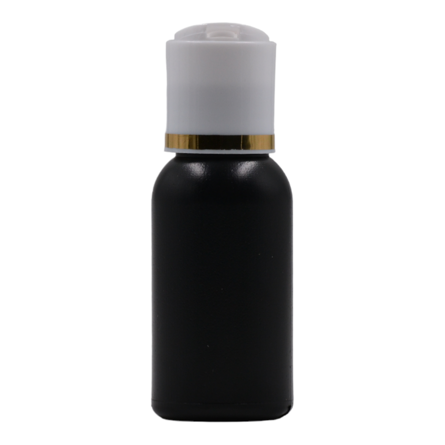 50ml HDPE Boston black bottle (24mm neck)-White & gold ring disc top