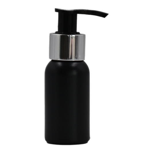 50ml HDPE Boston black bottle (24mm neck)-Black & chrome lotion pump