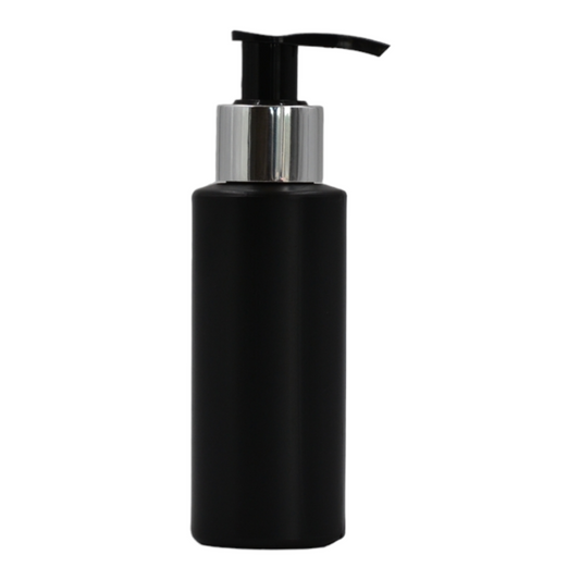 100ml HDPE Flat shoulder black bottle (24mm neck)-Black & chrome lotion pump