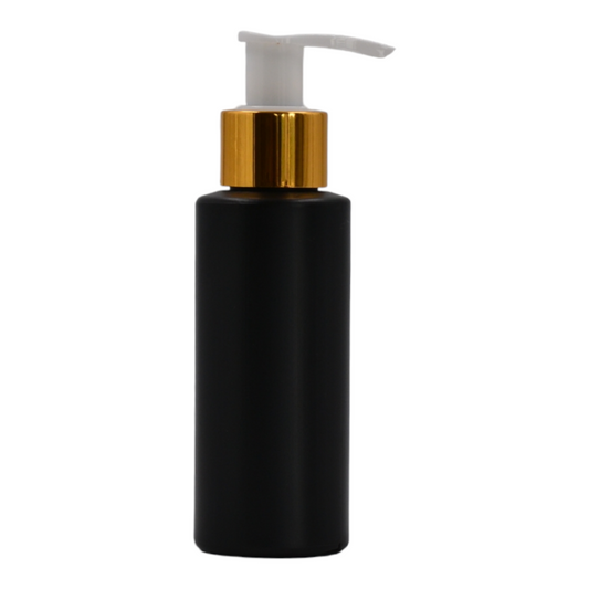 100ml HDPE Flat shoulder black bottle (24mm neck)-White & gold lotion pump