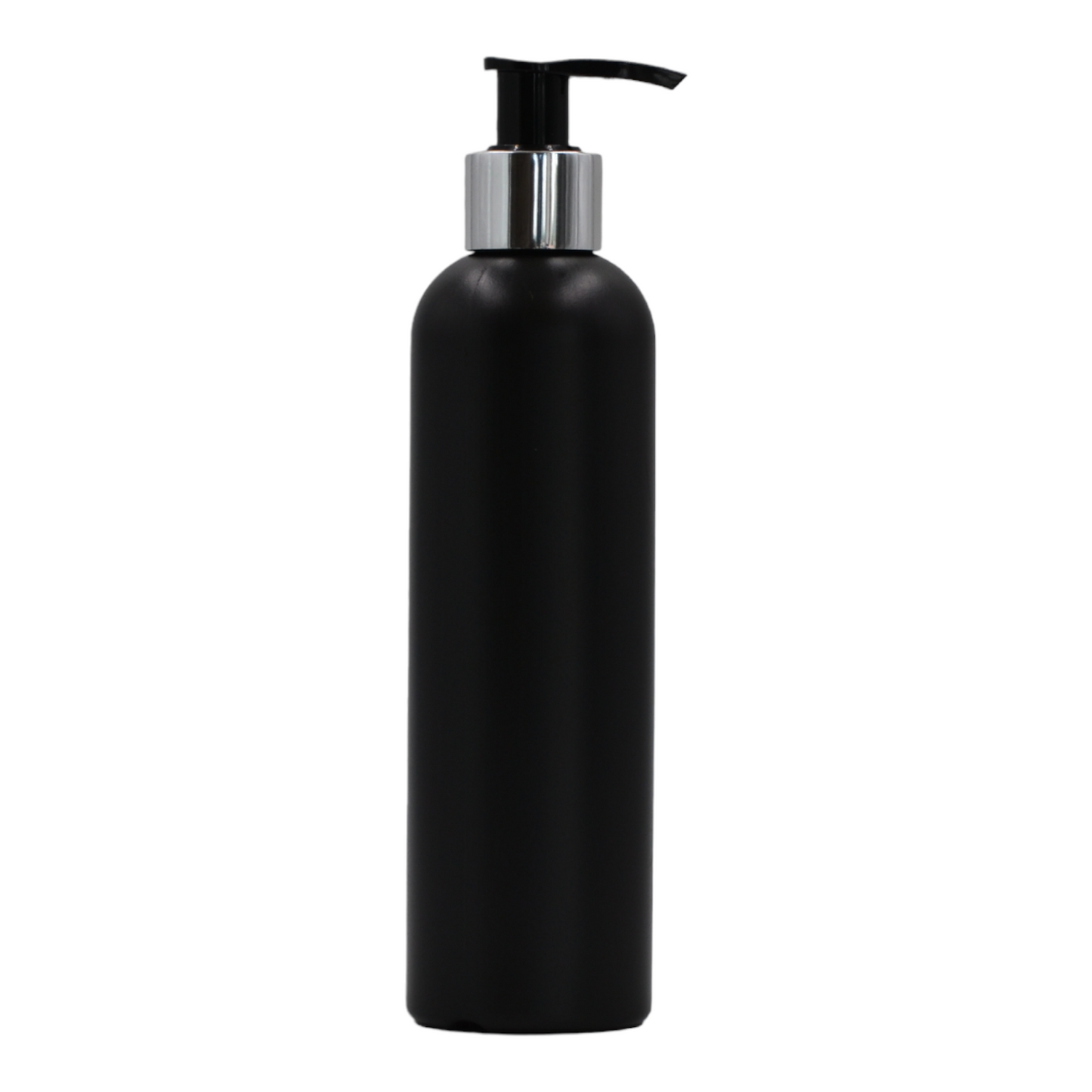 250ml HDPE Boston black bottle (24mm neck)-black & chrome lotion pump