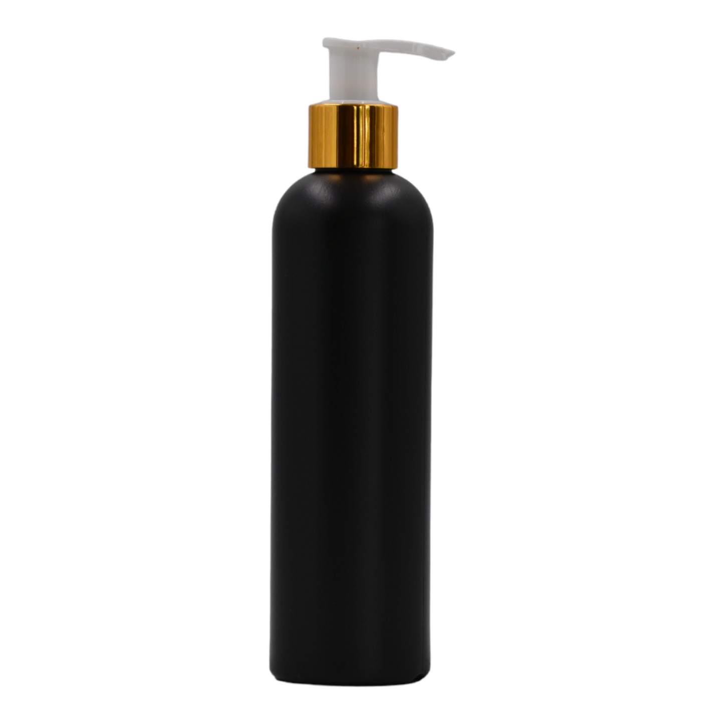 250ml HDPE Boston black bottle (24mm neck)-White & gold lotion pump