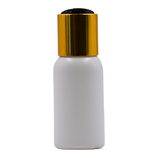 50ml HDPE Boston white bottle (24mm neck)-Black & gold disc top