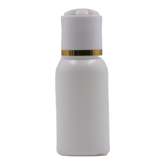 50ml HDPE Boston white bottle (24mm neck)-White & gold ring disc top