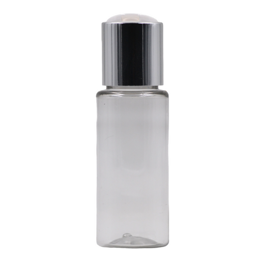 50ml PET tall clear bottle (24mm neck)-White & chrome disc top