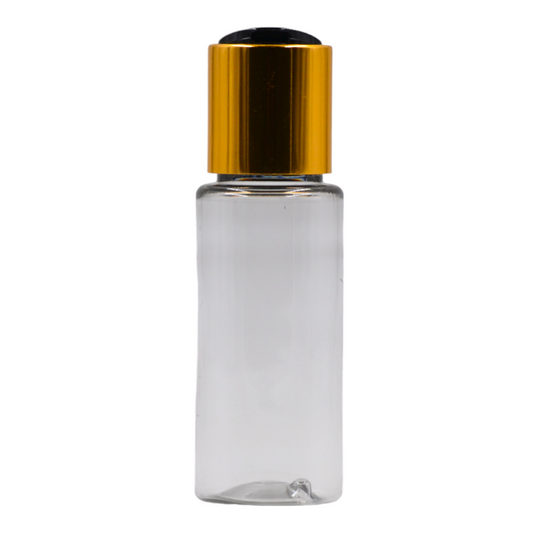 50ml PET tall clear bottle (24mm neck)-Black & gold disc top