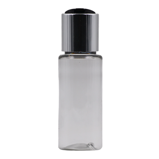 50ml PET tall clear bottle (24mm neck)-Black & chrome disc top