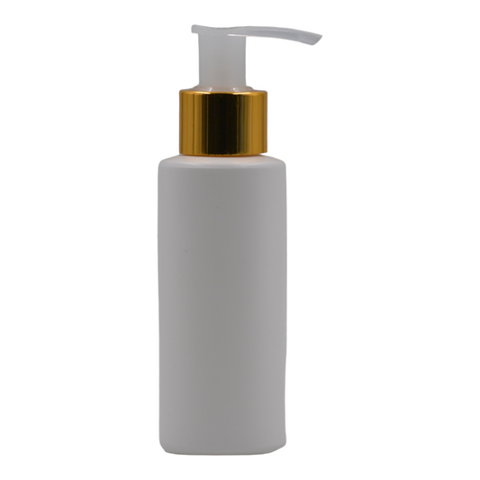 100ml HDPE Flat shoulder white bottle (24mm neck)-Natural & gold lotion pump