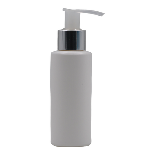 100ml HDPE Flat shoulder white bottle (24mm neck)- Natural & chrome lotion pump