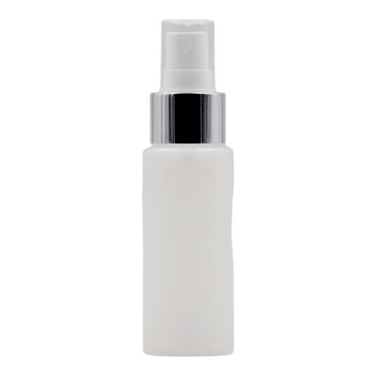 50ml Frosted Natural bottle/White & Chrome Atomizer Spray