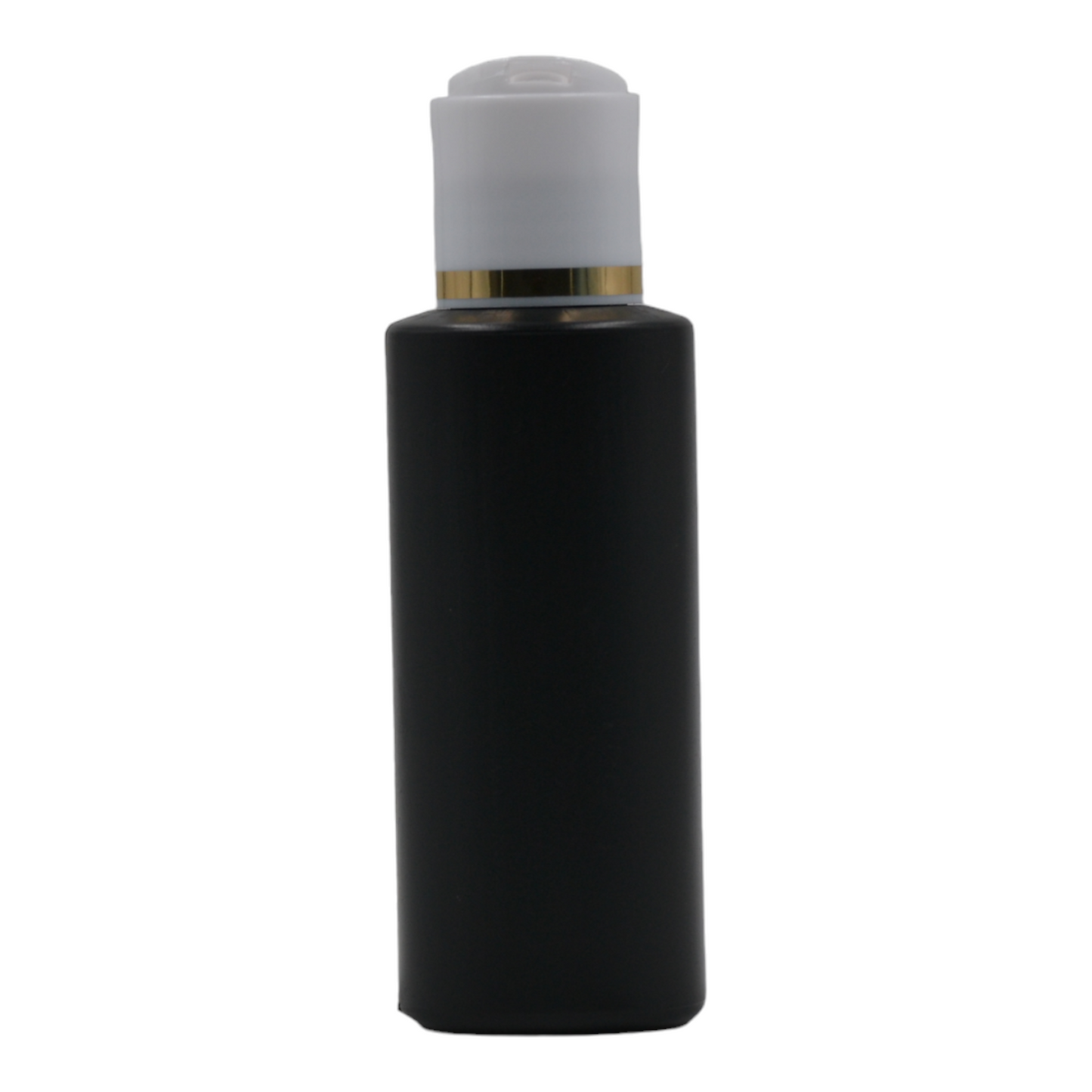 100ml HDPE Flat shoulder black bottle (24mm neck)-White & Gold Ring Disc Top