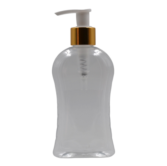 250ml Clear Curve Packaging Bottle/White & Gold Lotion Pump