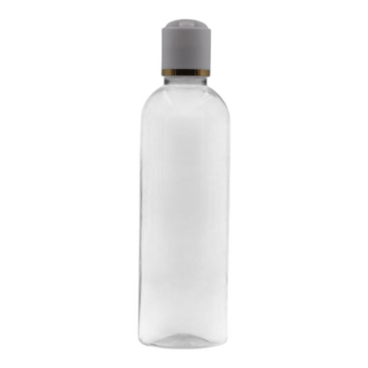250ml Clear Tall Packaging Bottle/White & Gold Ring Disc Top