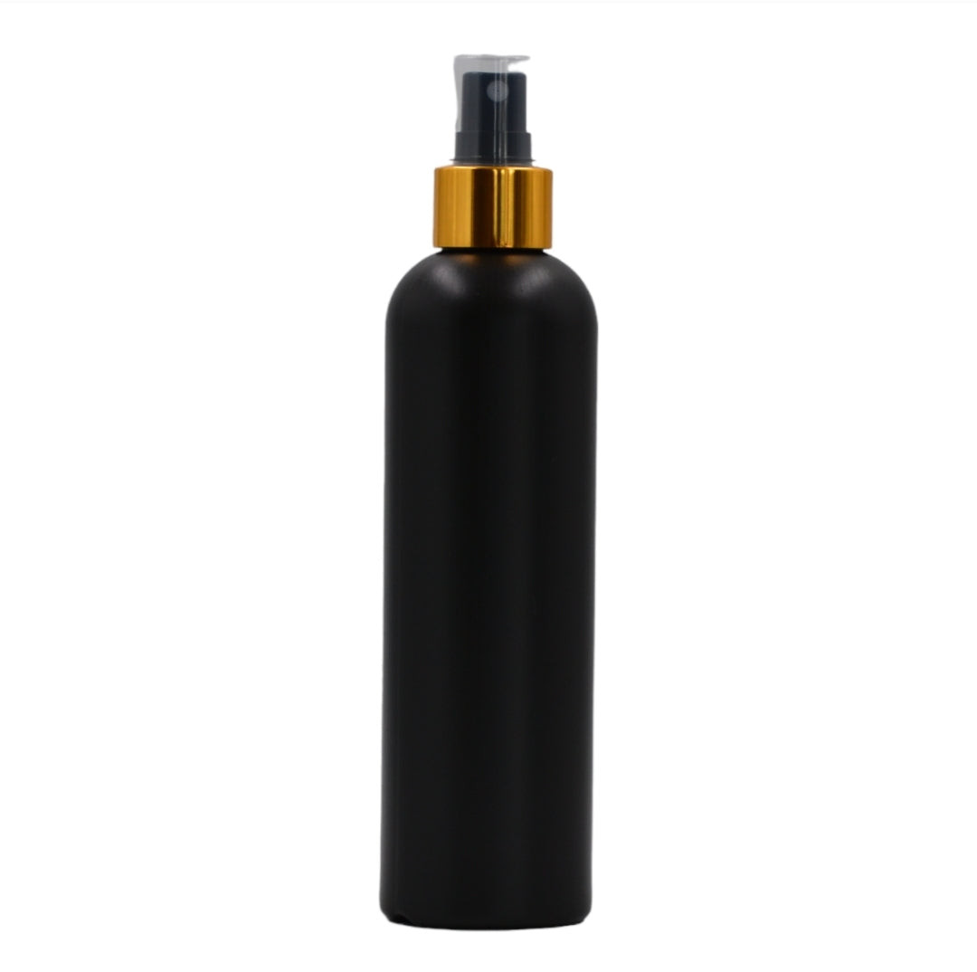 250ml HDPE Boston black bottle (24mm neck)-black & gold mist spray