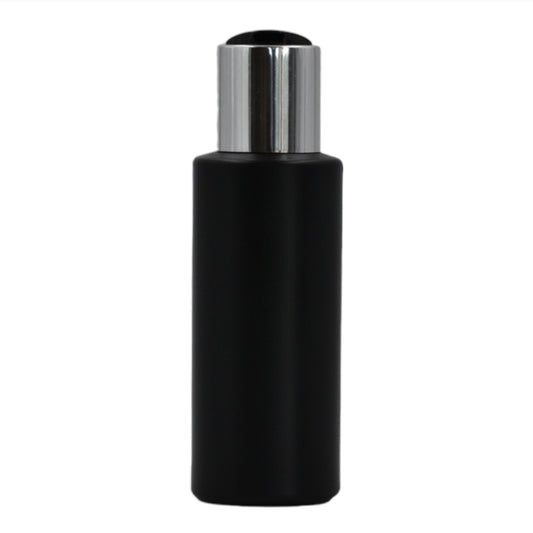 100ml HDPE Flat shoulder black bottle (24mm neck)-Black & chrome disc top