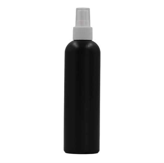 250ml HDPE Boston black bottle (24mm neck)-white mist spray