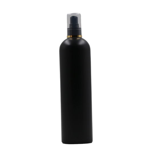 250ml HDPE Boston black bottle (24mm neck)-Black Serum pump with Gold ring