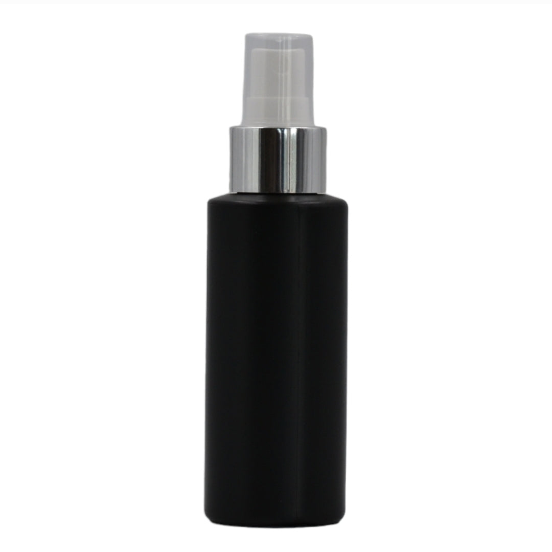 100ml HDPE Flat shoulder black bottle (24mm neck)-white & silver mist spray