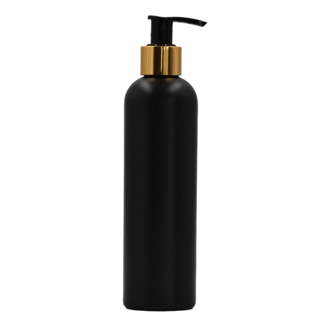 250ml HDPE Boston black bottle (24mm neck)-black & gold lotion pump