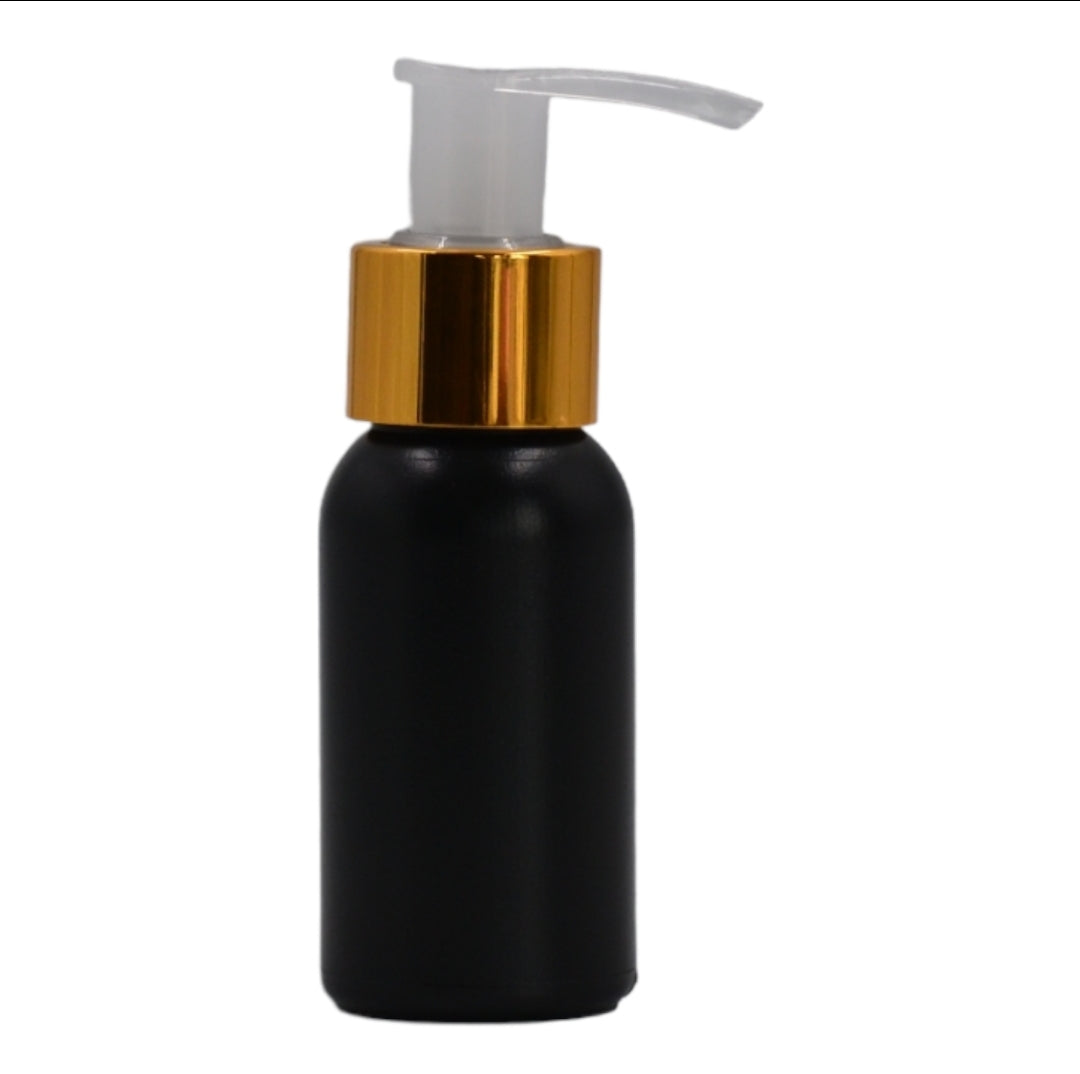 50ml HDPE Boston black bottle (24mm neck)-Natural & gold lotion pump