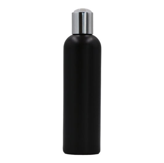 250ml HDPE Boston black bottle (24mm neck)-White & silver disc top