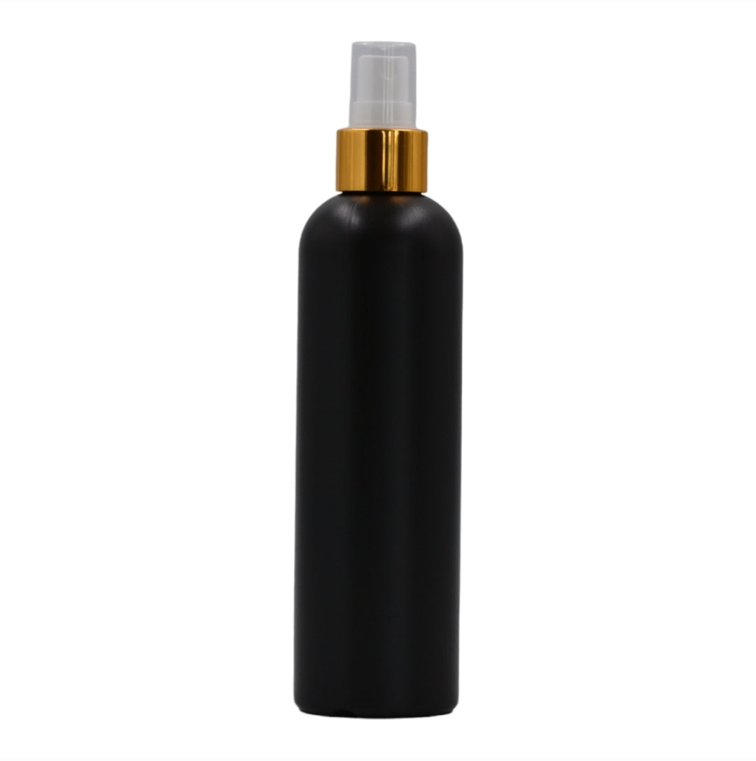 250ml HDPE Boston black bottle (24mm neck)-white & gold mist spray