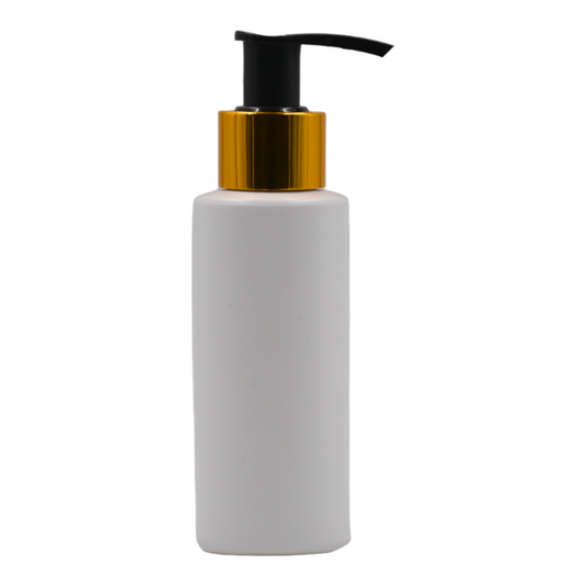 100ml HDPE Flat shoulder white bottle (24mm neck)- Black & gold lotion pump