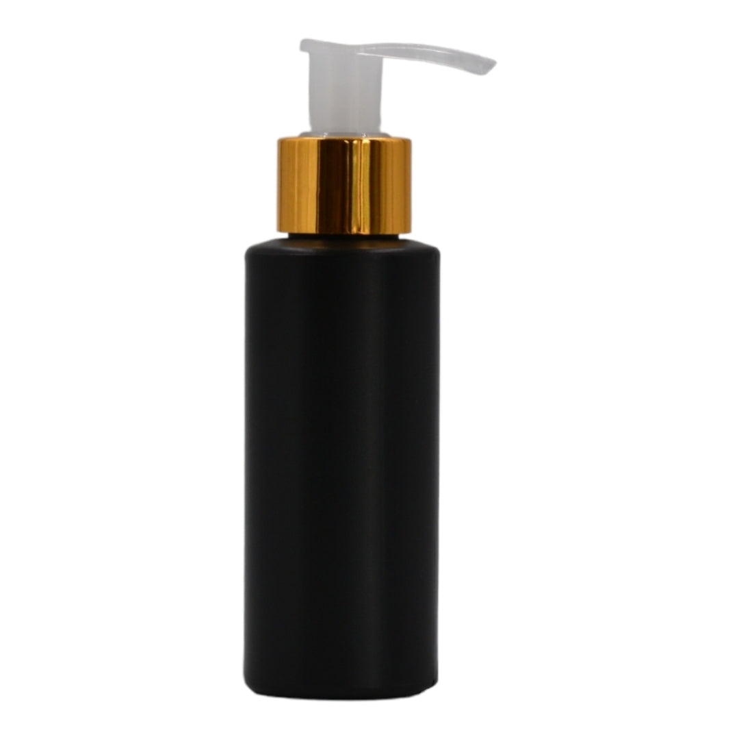 100ml HDPE Flat shoulder black bottle (24mm neck)- Natural & gold lotion pump