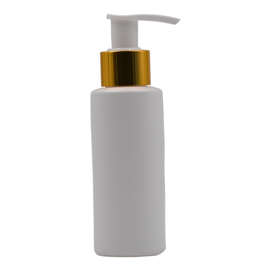 100ml HDPE Flat shoulder white bottle (24mm neck)-White & gold lotion pump