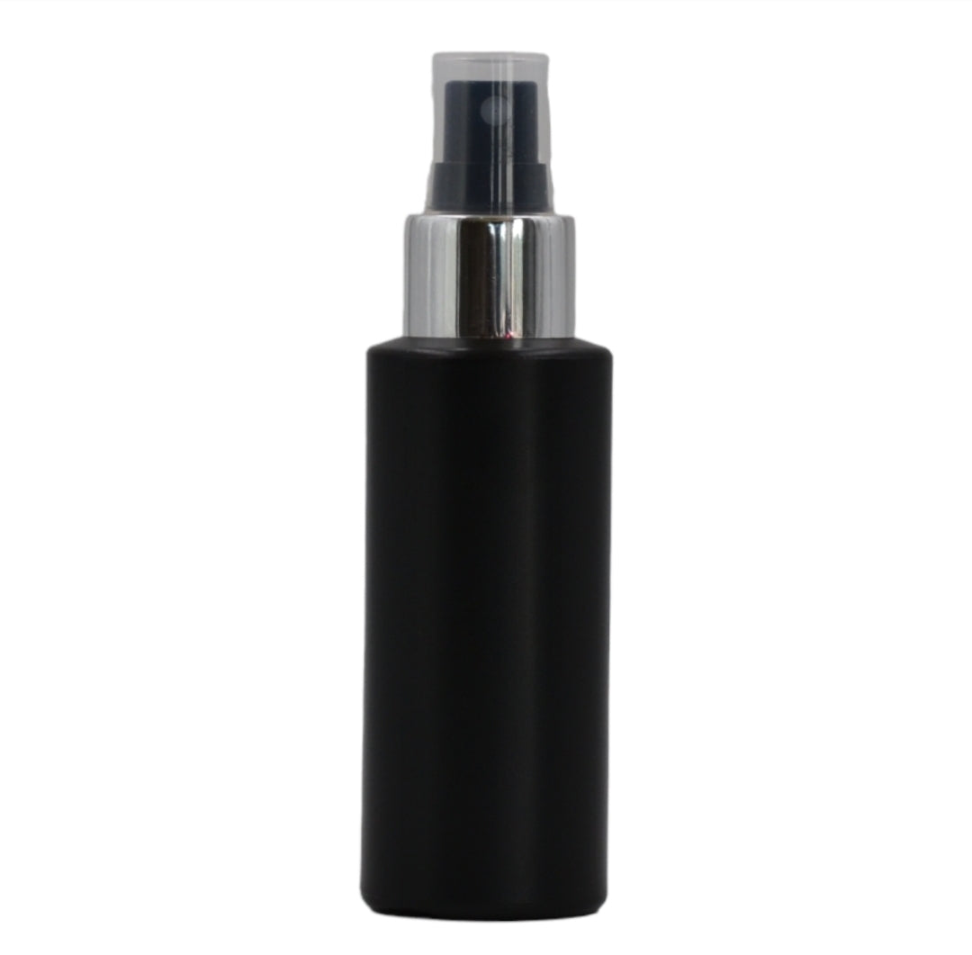 100ml HDPE Flat shoulder black bottle(24mm neck)-black & silver mist spray