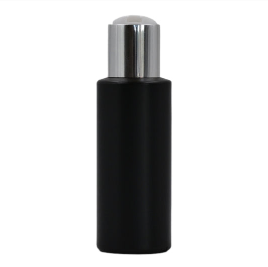 100ml HDPE Flat shoulder black bottle (24mm neck)-White & chrome disc top