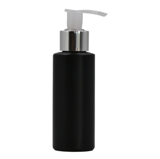 100ml HDPE Flat shoulder black bottle (24mm neck)-Natural & chrome lotion pump