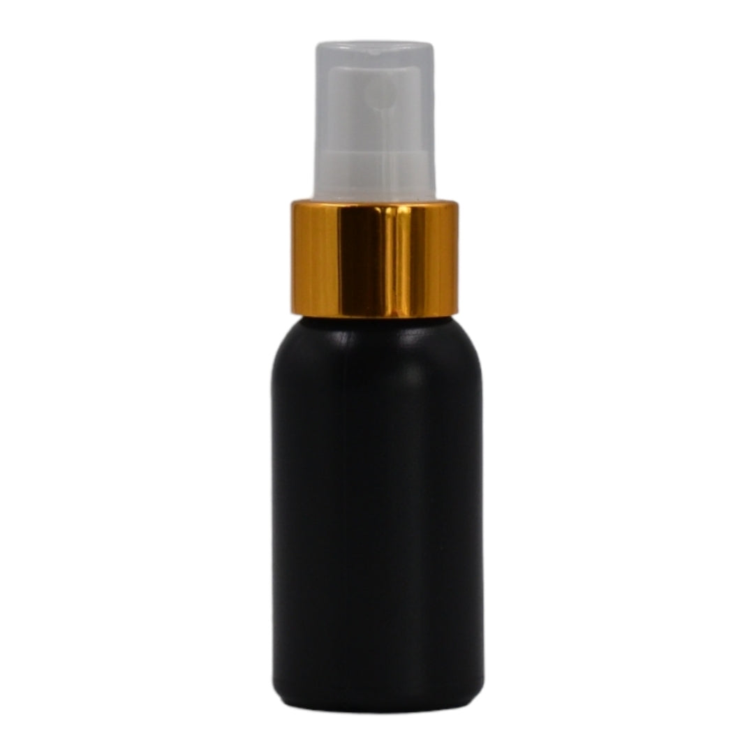 50ml HDPE Boston black bottle (24mm neck)-white & gold mist spray