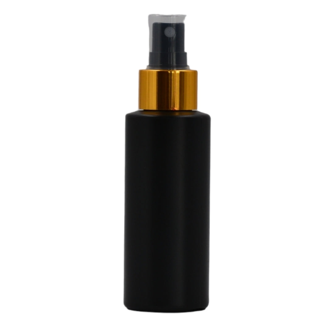 100ml HDPE Flat shoulder black bottle (24mm neck)-black & gold mist spray