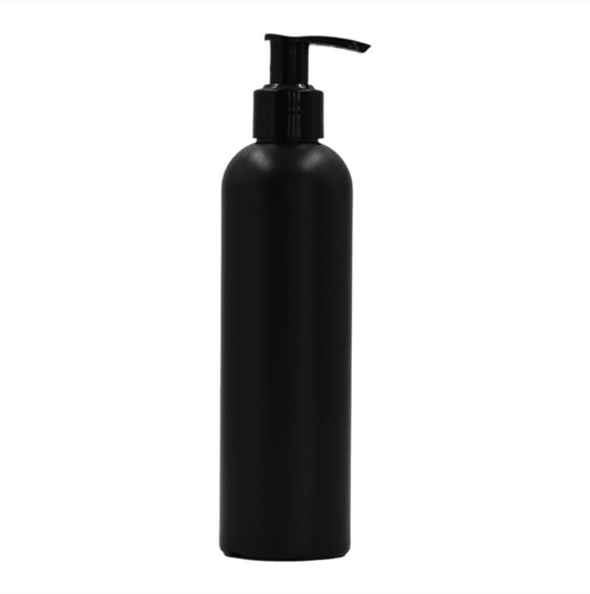 250ml HDPE Boston black bottle (24mm neck)-black lotion pump