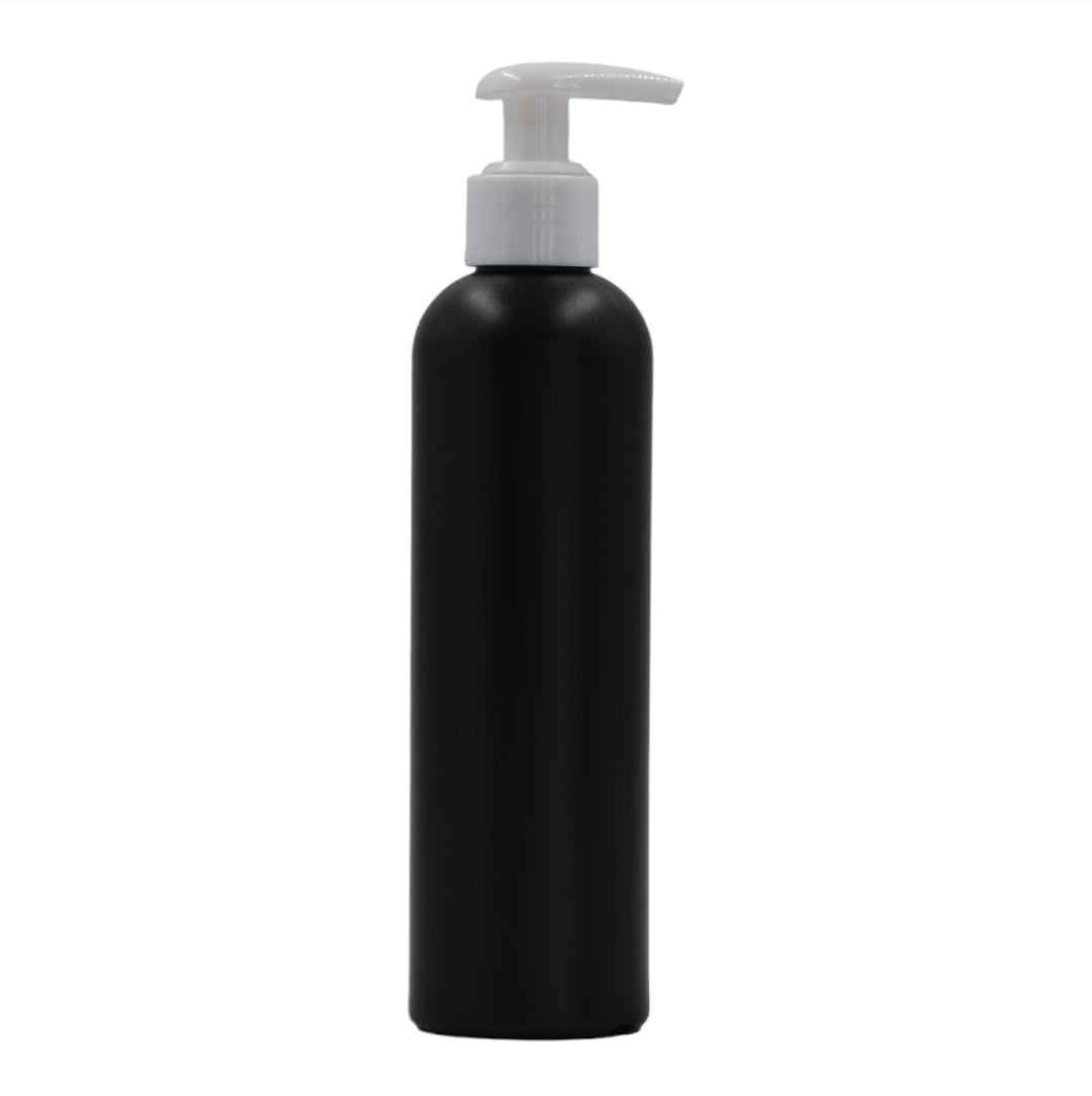 250ml HDPE Boston black bottle (24mm neck)-white lotion pump