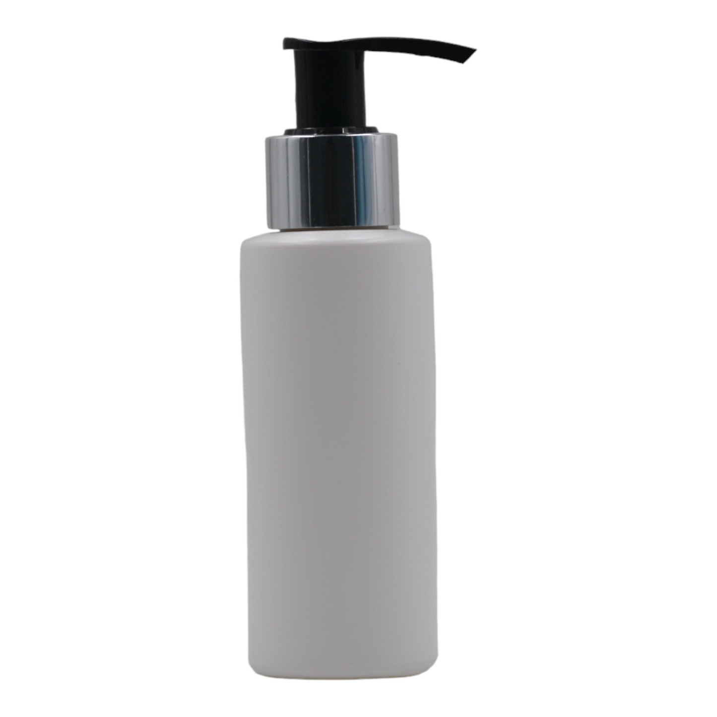 100ml HDPE Flat shoulder white bottle (24mm neck)-Black & chrome lotion pump