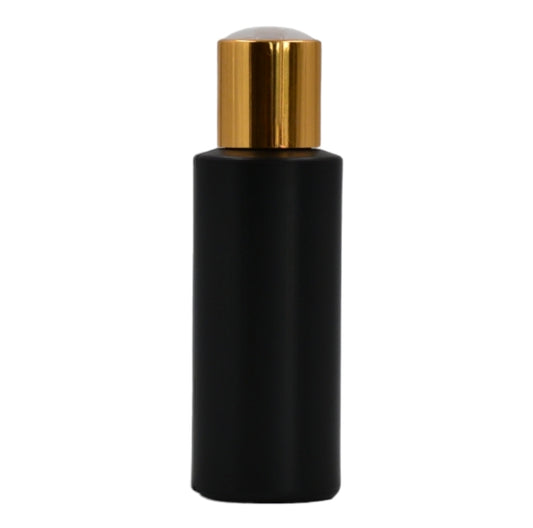 100ml HDPE Flat shoulder black bottle (24mm neck)-White & gold disc top