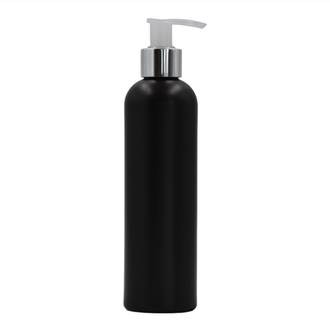 250ml HDPE Boston black bottle (24mm neck)-Natural & Chrome lotion pump