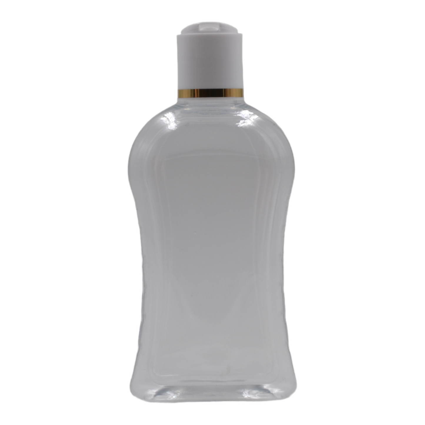 250ml Clear Curve Packaging Bottle/White & Gold Ring Disc Top