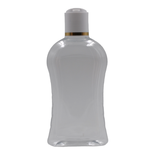 250ml Clear Curve Packaging Bottle/White & Gold Ring Disc Top