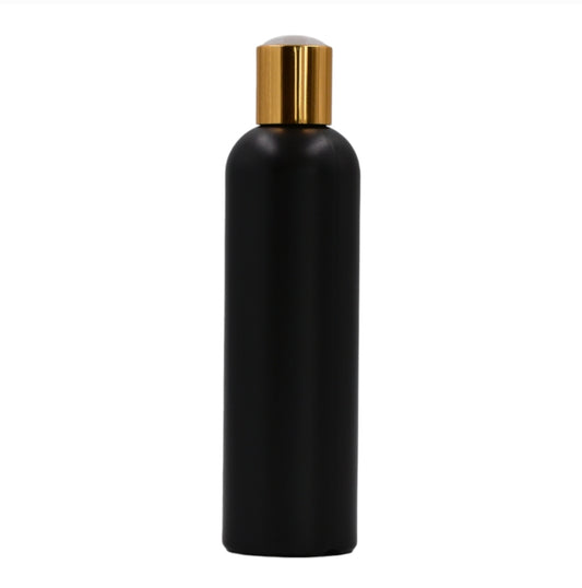 250ml HDPE Boston black bottle (24mm neck)-White & gold disc top