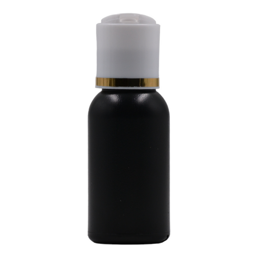 50ml HDPE Boston black bottle (24mm neck)-White & gold ring disc top