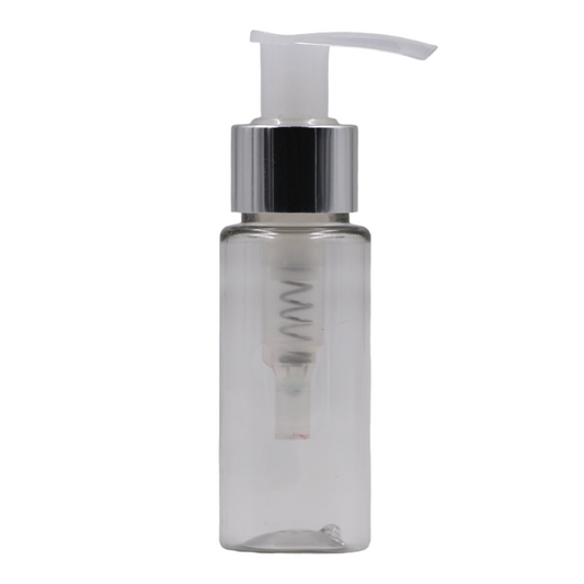 50ml PET clear tall bottle (24mm neck)-Natural & chrome lotion pump