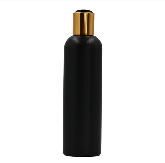 250ml HDPE Boston black bottle (24mm neck)-Black & gold disc top