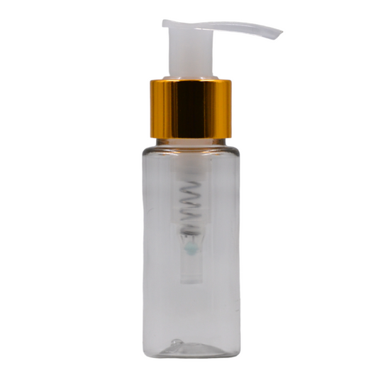 50ml PET clear tall bottle (24mm neck)-Natural & gold lotion pump