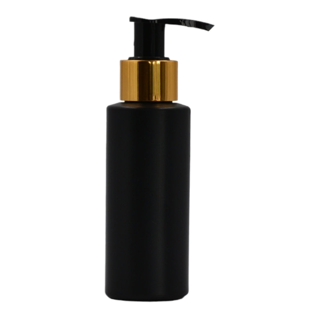 100ml HDPE Flat shoulder black bottle (24mm neck)-Black & gold lotion pump