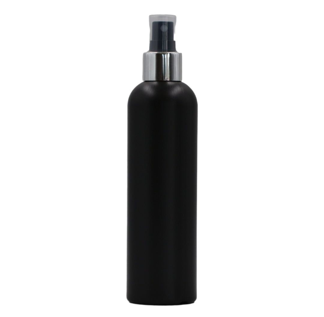 250ml HDPE Boston black bottle (24mm neck)-black & silver mist spray